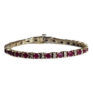Vintage 1980s 14k Yellow Gold Ruby & Diamond Tennis Bracelet For Sale