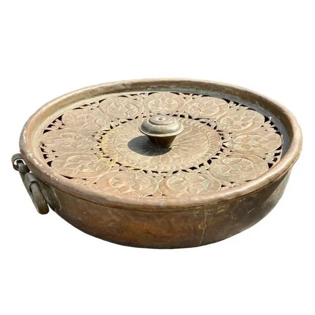 Tribal Large Antique Handcrafted Decorative Round Pierced Copper Server With Lid For Sale - Image 3 of 6