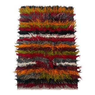 Vintage Filikli Tulu Rug 3x5 – Konya Long Pile Rug Multicolor Horizontal Stripes For Sale