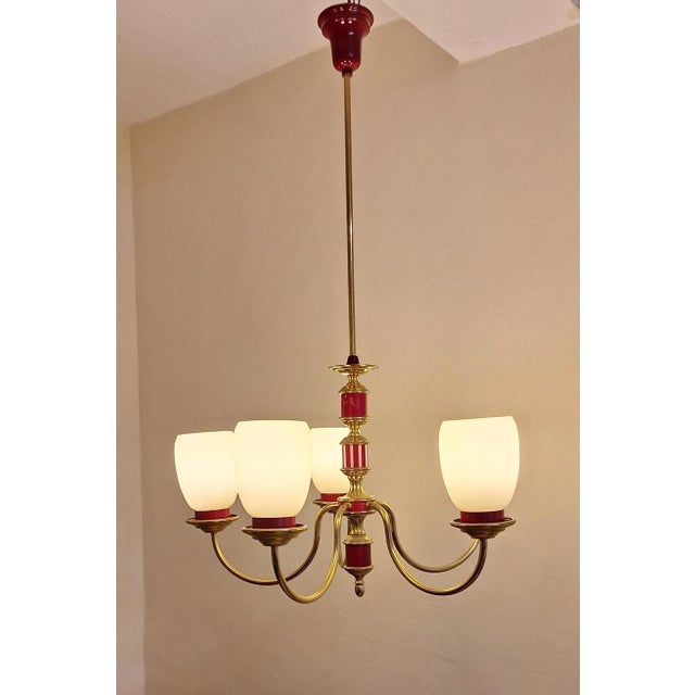 Metal Vintage Chandelier with Brass and Cream-Colored Glass Shades, 1970s For Sale - Image 7 of 7