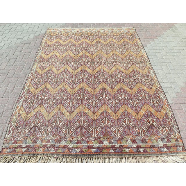 Mid 20th Century 50s Vintage Special Herringbone Design Turkish Kilim Area Rug For Sale - Image 11 of 11