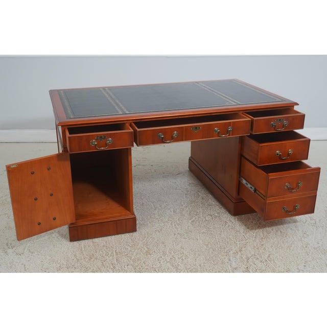 English Reprodux English Style Leather Top Yew Wood Desk For Sale - Image 3 of 18