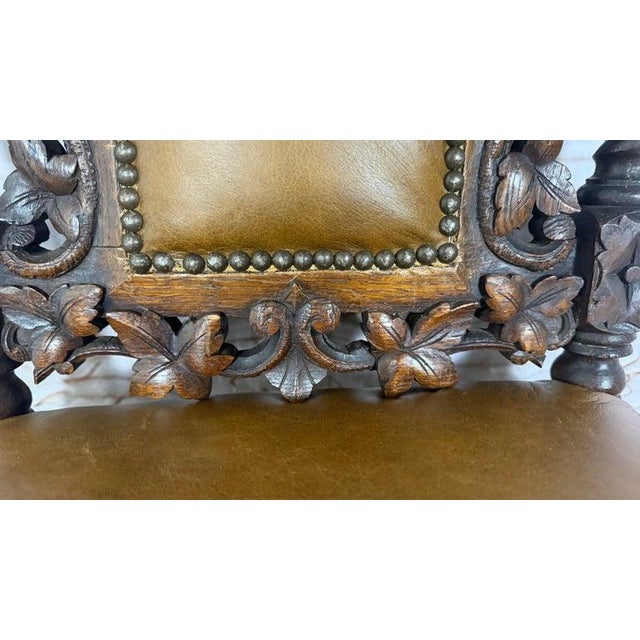 Set of 6 Antique Jacobean Hunt Chairs in Heavily Carved Oak With Cognac Leather For Sale - Image 11 of 18