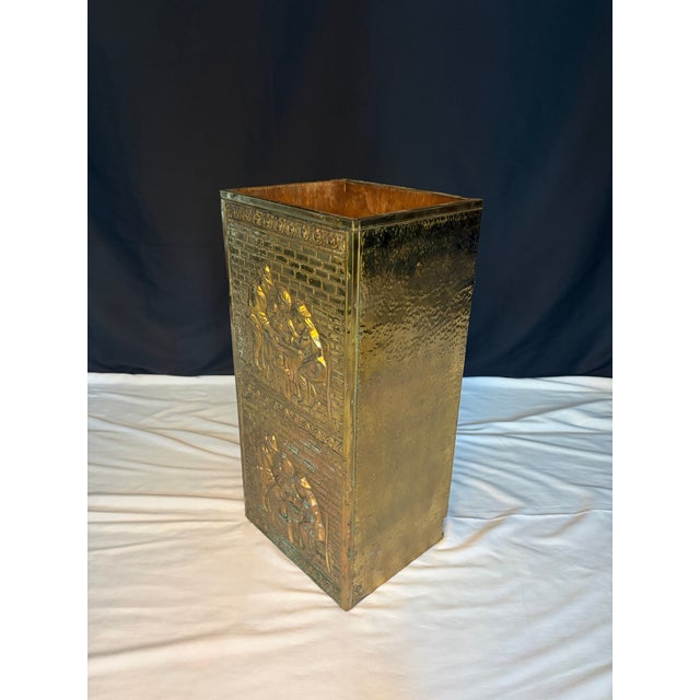 Late 19th Century Late 19th Century English Repoussé Brass Umbrella Stand With Figural Tavern Scene Relief For Sale - Image 5 of 8