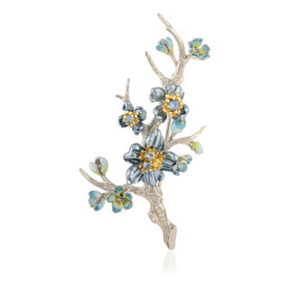 Blossoming Branch Brooch in 925 Sterling Silver With Enamel & Cz Accents For Sale