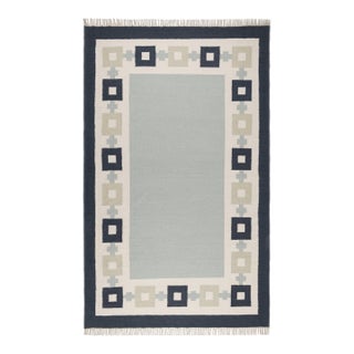 Part & Parcel Goods Wool Chain Rug 2’6” x 12', Sky Blue, Navy, Celadon and Eggshell For Sale