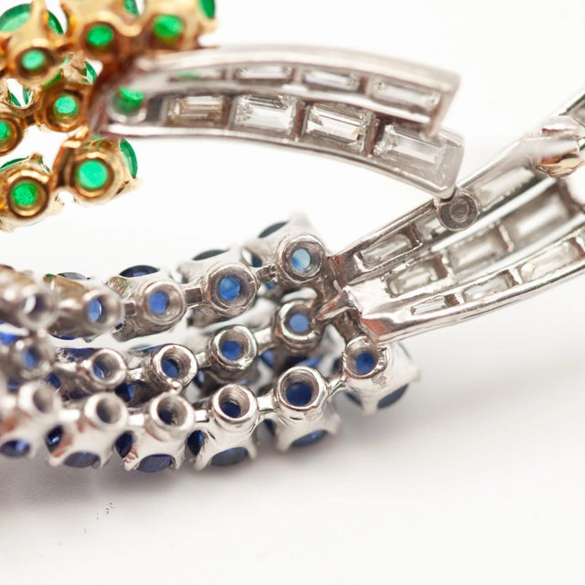 1960s Platinum and 18k Yellow Gold Sapphire Emerald and Diamond Brooch For Sale - Image 12 of 14