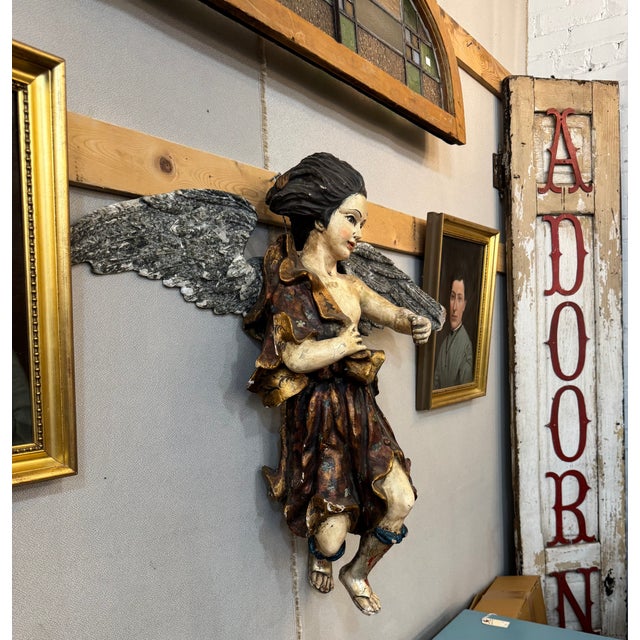 Italian Antique Italian Carved Wood Angel, Original Paint, Circa 1880s For Sale - Image 3 of 17