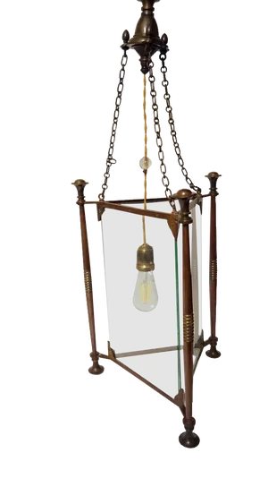 Art Nouveau Style Triangular-Shaped Lantern in Bronze and Glass