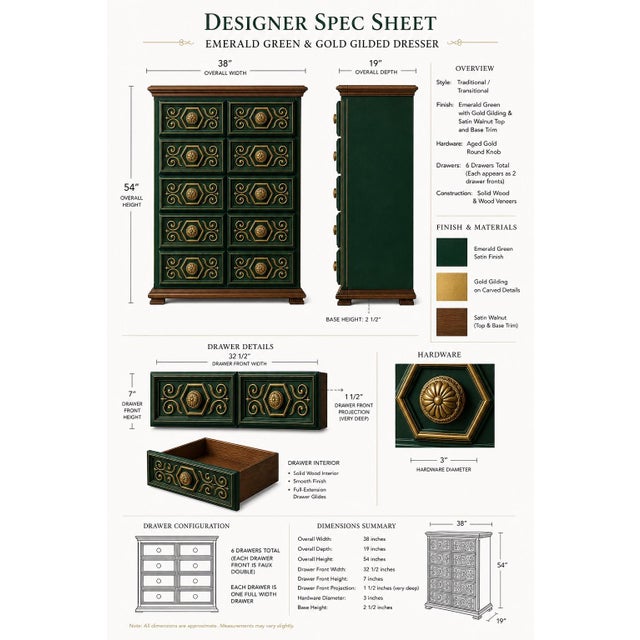 A richly sculptural chest of drawers from our Emerald City Collection, finished in deep emerald with hand-applied gold...