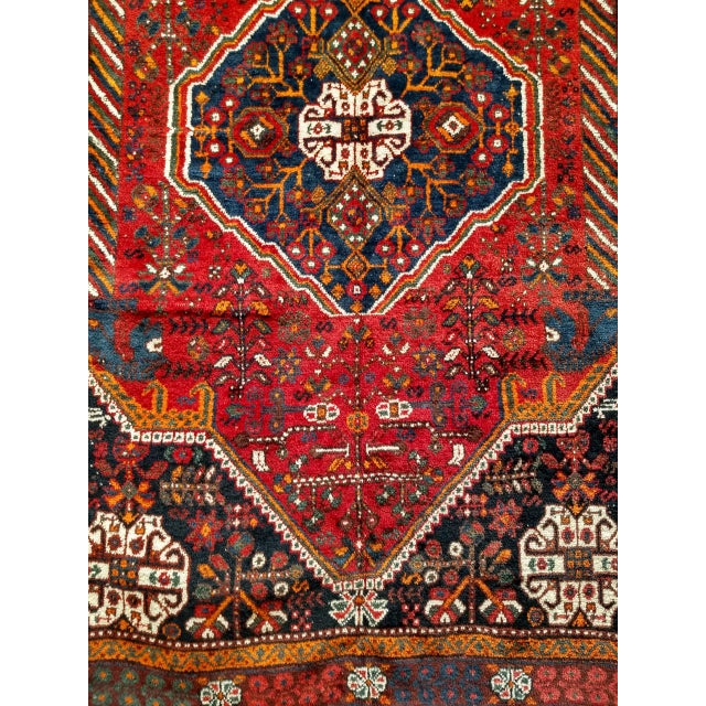 Vintage Persian Qashqai Tribal Area Rug, Hand-Knotted Wool, Vegetable Dye, Geometric Medallions, 6x8, Red & Navy For Sale - Image 9 of 15