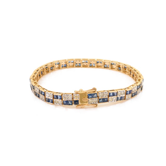Metal Vintage Style 6.01 Ct Sapphire & 1.98 Ct Diamond Tennis Bracelet 14k Yellow Gold For Sale - Image 7 of 12