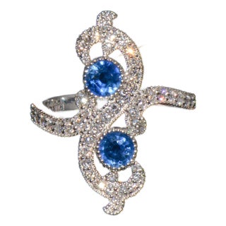 Certified Natural 1.40cts Diamond & Sapphire 18k Solid White Gold Filigree Cocktail Ring, Size 6.5 For Sale