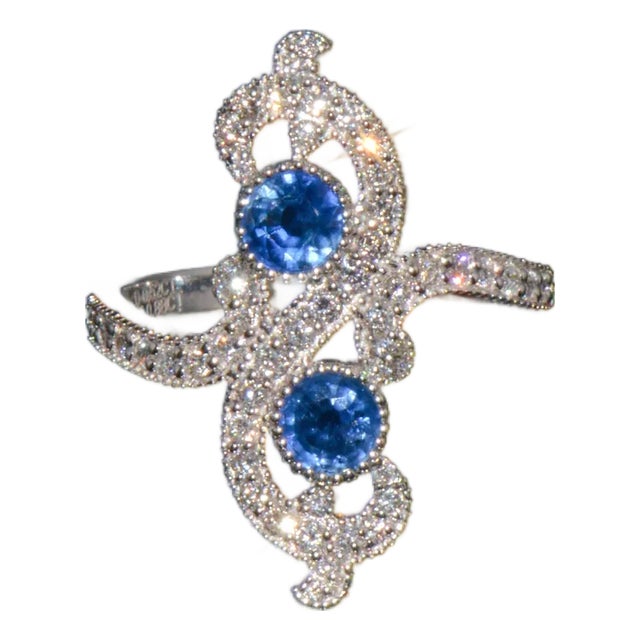 Certified Natural 1.40cts Diamond & Sapphire 18k Solid White Gold Filigree Cocktail Ring, Size 6.5 For Sale