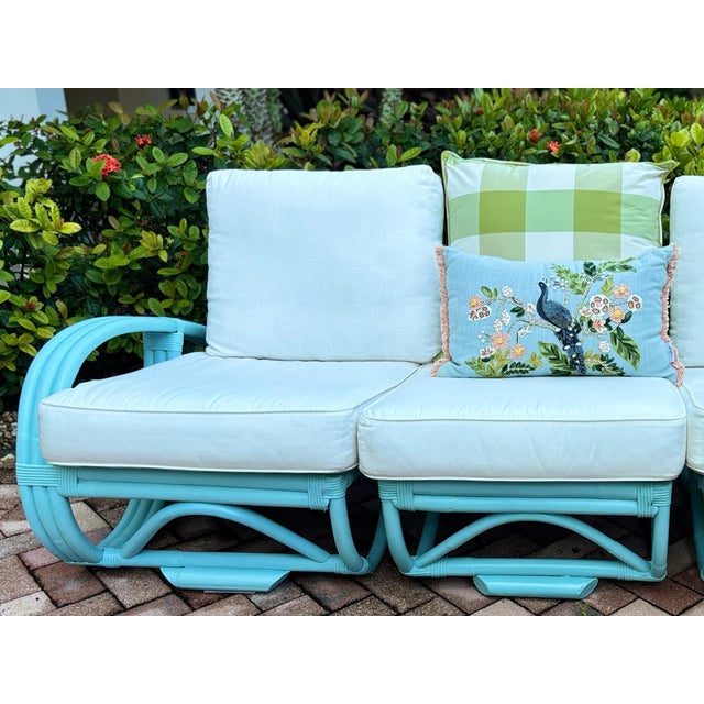 Sky Blue Mid-Century Bamboo Pretzel Sofa in Robin Egg Blue With New Restoration Hardware Outdoor Cushions for a Modern Appeal and Comfort. 3 Sections For Sale - Image 8 of 10