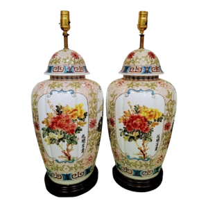Vintage Porcelain Marbro Extra Large Ginger Jar Greek Key Floral Country Scene Table Lamps- A Pair