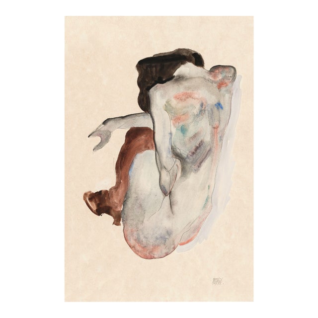 1912 Vintage Nude Figure Art Print by Egon Schiele, Crouching Nude - 40" X 60" For Sale