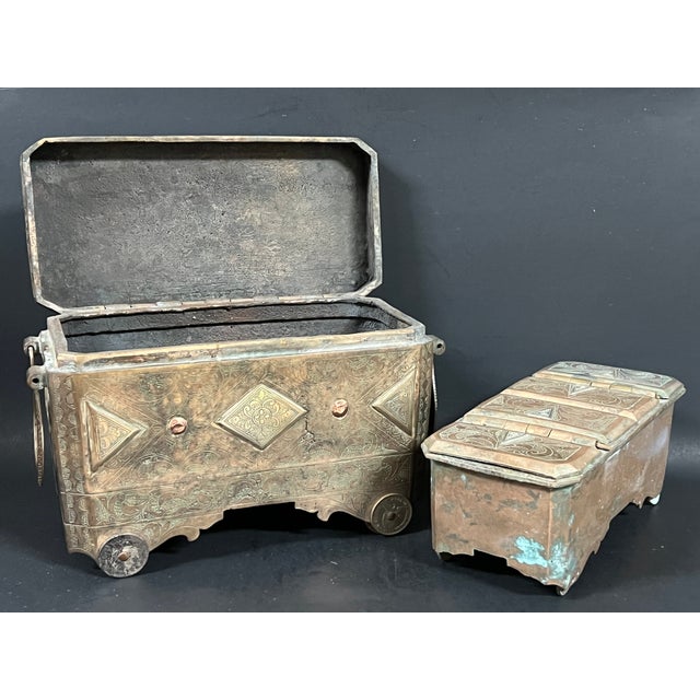 Asian Antique Antique Islamic Bronze Silver and Gold Inlaid Betel Nut Box (Very Heavy) For Sale - Image 3 of 17