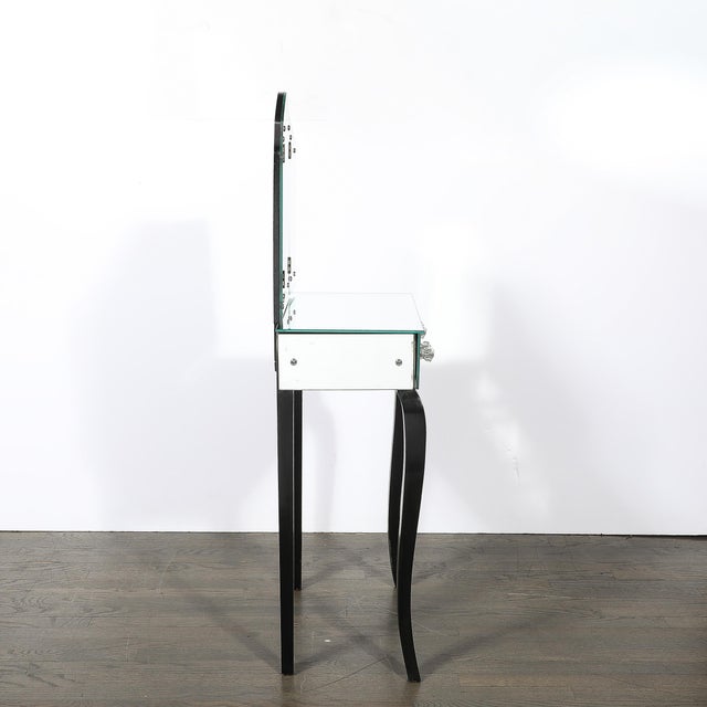 Art Deco Hollywood Mirrored Trifold Ebonized Cabriole Leg Vanity W/ Glass Pulls For Sale - Image 15 of 18