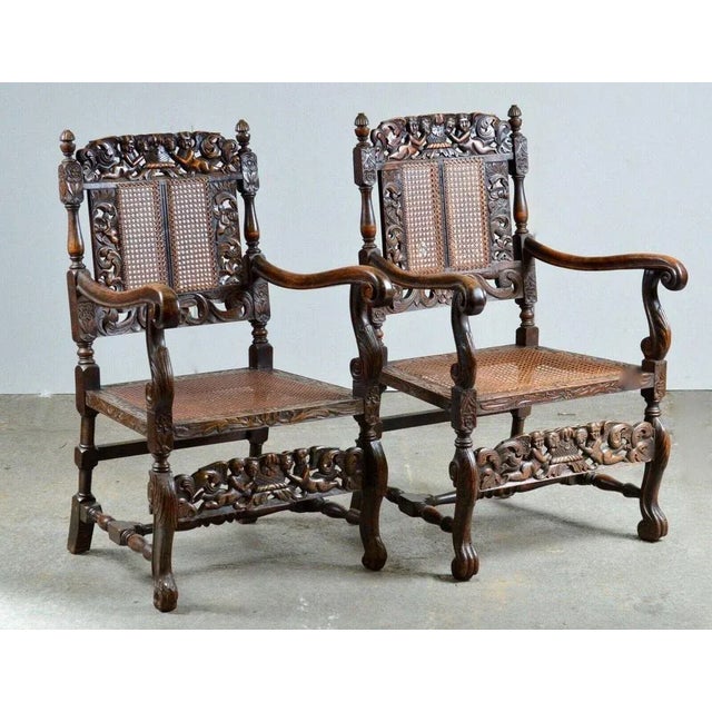 We are delighted to offer for sale this stunning pair of Charles 2nd high walnut armchairs circa 1900. Beautifully carved...