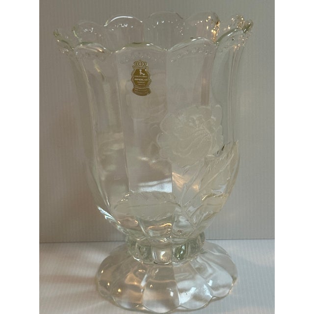 Beautiful 1970s Imperlux Bavaria crystal 9" tall vase from Czechoslovakia, featuring a frosted rose design etched on clear...