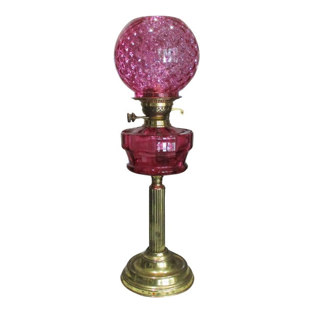 Beautiful Antique Brass Column Tall Oil Lamp Cranberry Glass Shade & Font Double Burner 29" Tall For Sale