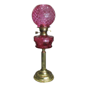 Beautiful Antique Brass Column Tall Oil Lamp Cranberry Glass Shade & Font Double Burner 29" Tall