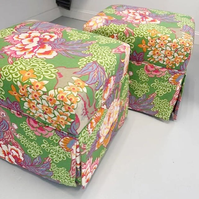 2020s Pair Custom Floral Coastal Custom Upholstered Bench Ottomans With Skirt For Sale - Image 5 of 6