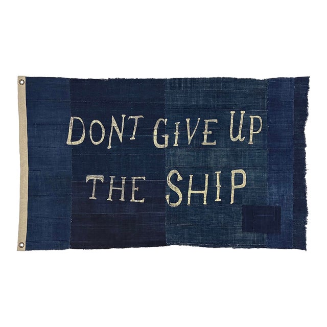 Large Patchwork Flag, Vintage Indigo, Don't Give Up the Ship, 100% Cotton For Sale