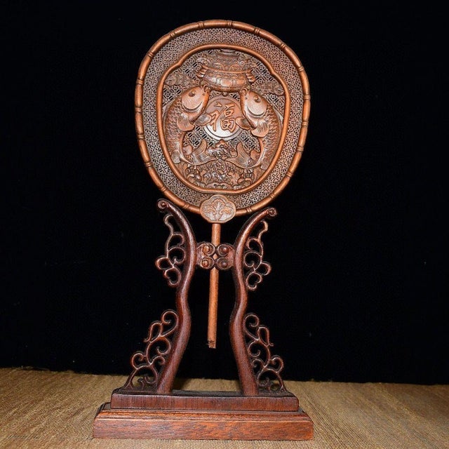 Vintage Boxwood Table Screen With Double Fish and Treasure Motif For Sale - Image 4 of 7