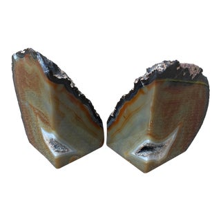 1980s Large Geode Polished Natural Agate Quartz Crystal Bookends - Set of 2 For Sale
