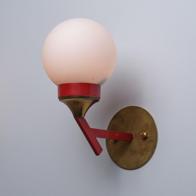1950s Italian Brass, Red Lacquered Metal, and Opaline Glass Globe Wall Sconce, 1950s For Sale - Image 5 of 8