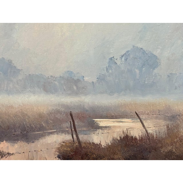 A serene river landscape at dawn with misty trees and soft, warm morning light 1987 Circa For Sale - Image 17 of 18