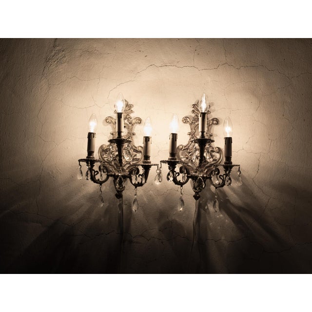 1950s Spanish Rococo Sand-Cast Brass 3-Light Sconces With Crystals - A Pair For Sale - Image 12 of 12