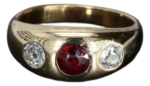14k Yellow Gold Ring With Red Garnet Center & Two Flush Set Diamonds - Size 6.25