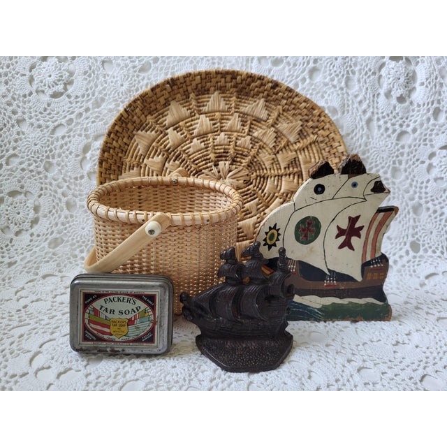 Cream Early 1900s Hand Painted Wooden and Metal Ship Bookend For Sale - Image 8 of 9
