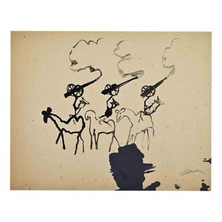 Mino Maccari, Cannons and War, Watercolor on Paper, 1960s For Sale