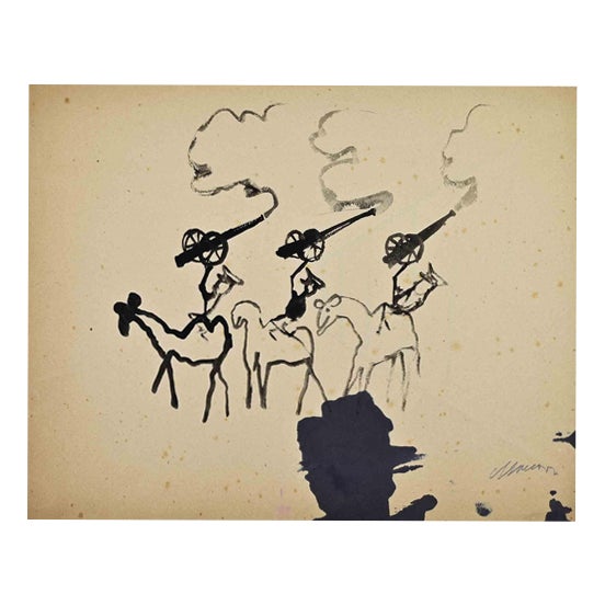 Mino Maccari, Cannons and War, Watercolor on Paper, 1960s For Sale