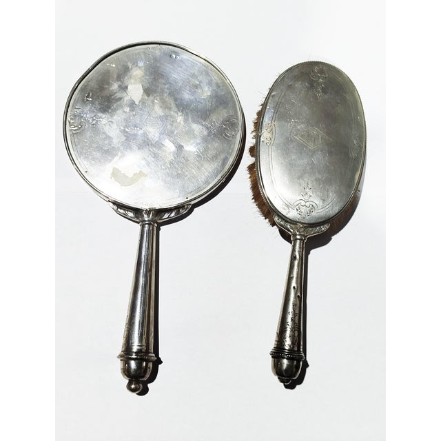 Silver Hand Mirror and Silver Brush, 1800s, Set of 2 For Sale - Image 10 of 12