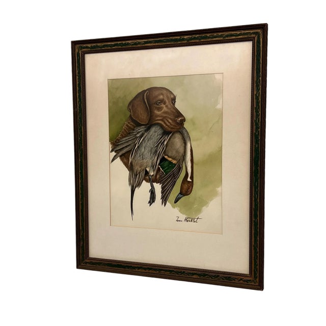 French 1970s Original Hunting Dog With Foul Watercolor Painting by French Artist and Cartoonist Jean Herblet Signed, Framed For Sale - Image 3 of 7