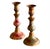 Art Nouveau candlesticks, circa 1890, made of brass and enameled with floral motifs in green and pink, a naturalistic...