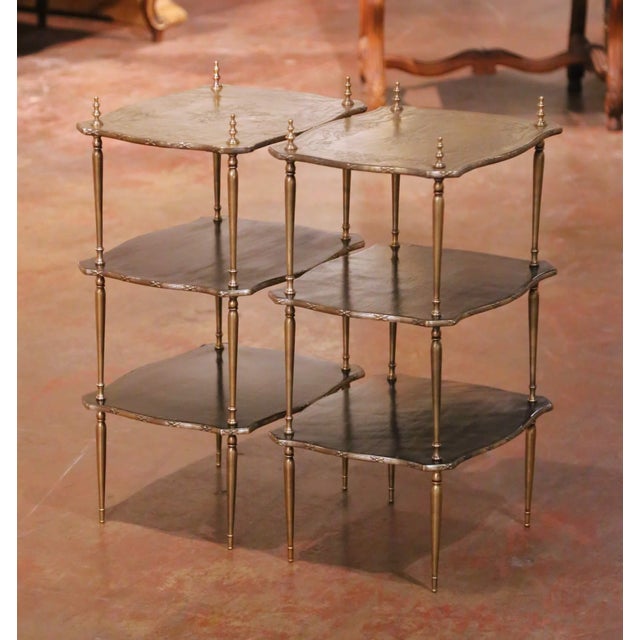Pair of Napoleon III French Brass and Black Lacquer Three-Tier Side Tables For Sale - Image 4 of 11