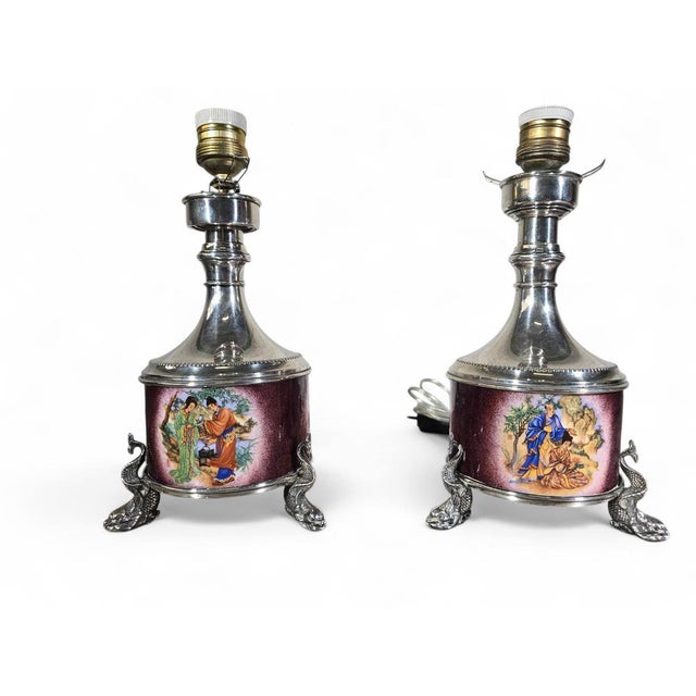 Metal Asian Silver and Enamel Lamps, 1940, Set of 2 For Sale - Image 7 of 10