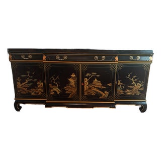 1984 Karges Furniture Hand-Painted Chinoiserie Lacquer Credenza With Asian Chow Legs For Sale