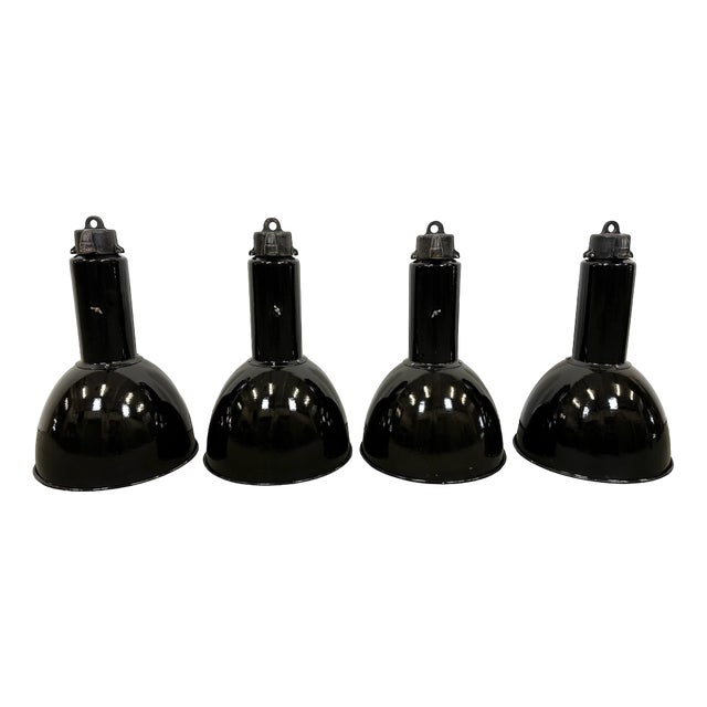 Vintage Industrial Bauhaus Black Enamel Pendant Lamps from Elektrosvit, 1960s, Set of 4 For Sale