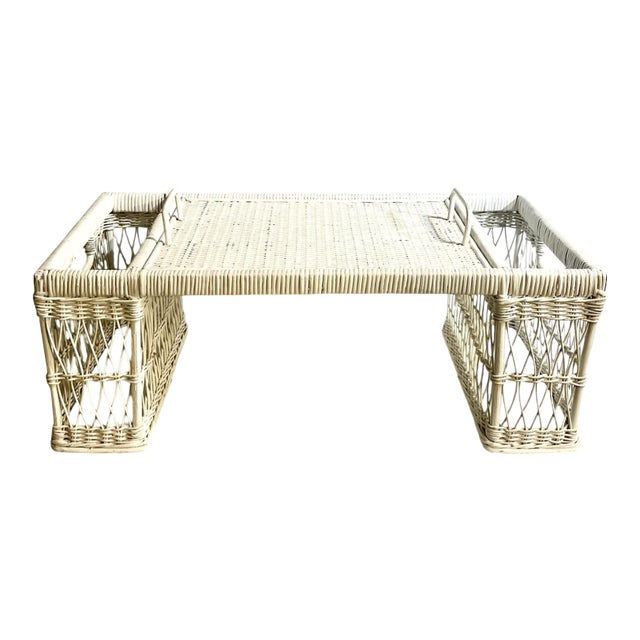 Vintage White Wicker Bed Tray With Removable Tray For Sale