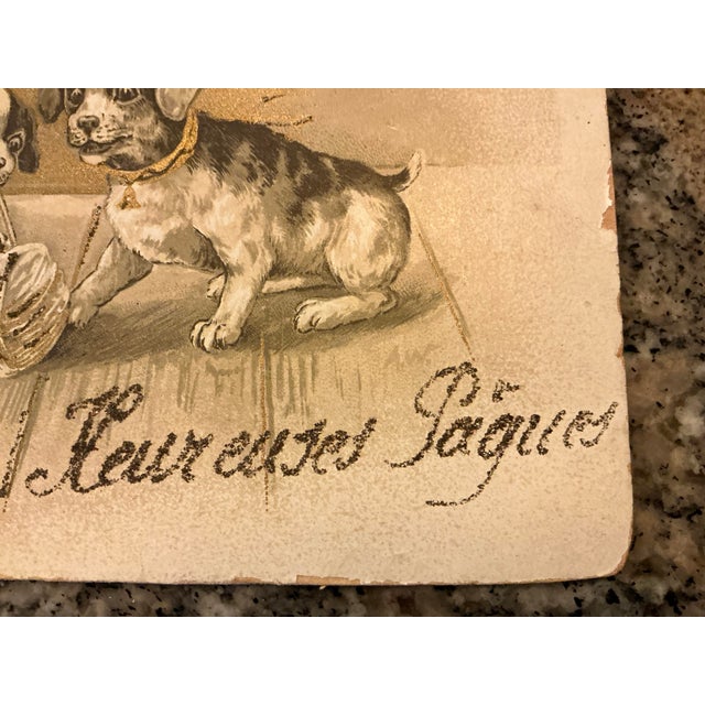 Sweet trio of French puppies frolicking with a ball of yarn is featured on the antique postcard which has a glittering...
