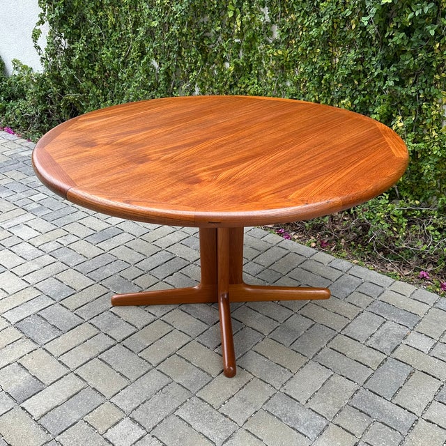 Vintage 1970s Danish Modern Teak Pedestal Base Extension Dining Table For Sale - Image 12 of 12