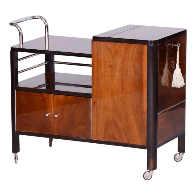 Czech Art Deco Trolley Walnut and Chrome-Plated Steel from Thonet, 1930s For Sale