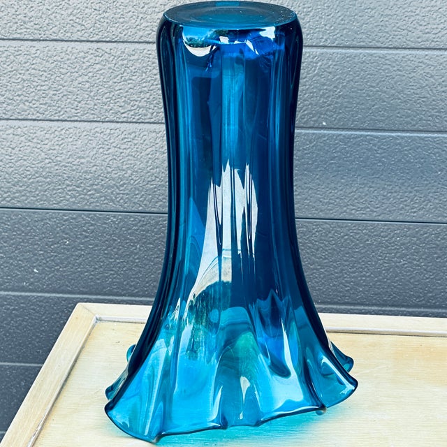 Mid-Century Modern Blue Ruffled Rim 14" Tall Blown Glass Vase For Sale - Image 10 of 11